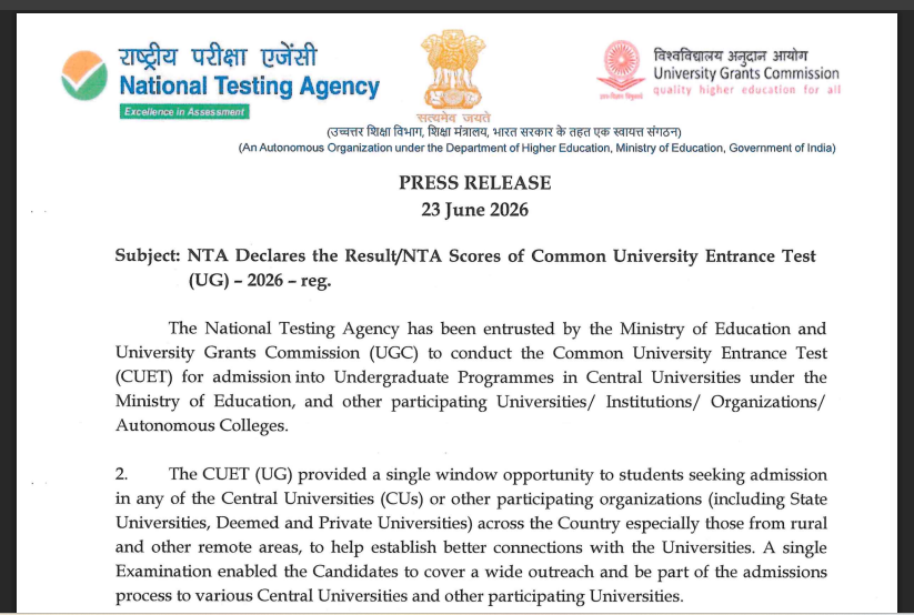 CUET UG 2026 Result Declared — Check the Results @ cuet.nta.nic.in now 7 cuet result