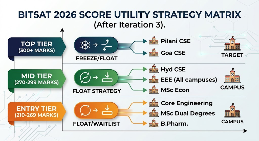 BITSAT Iteration III Result 2026 (Out) Live: Seat Allotment, Cutoffs, Important Dates 7 BITSAT 2026 Strategy Matrix: 300+ marks (Freeze/Float), 270-299 (Float), and 210-269 (Waitlist) for various BITS programs